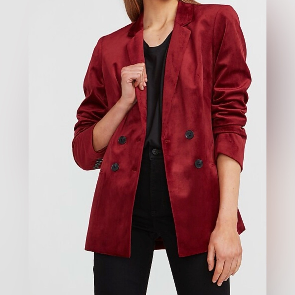 Express Velvet Ruby Red Double-Breasted Blazer Large